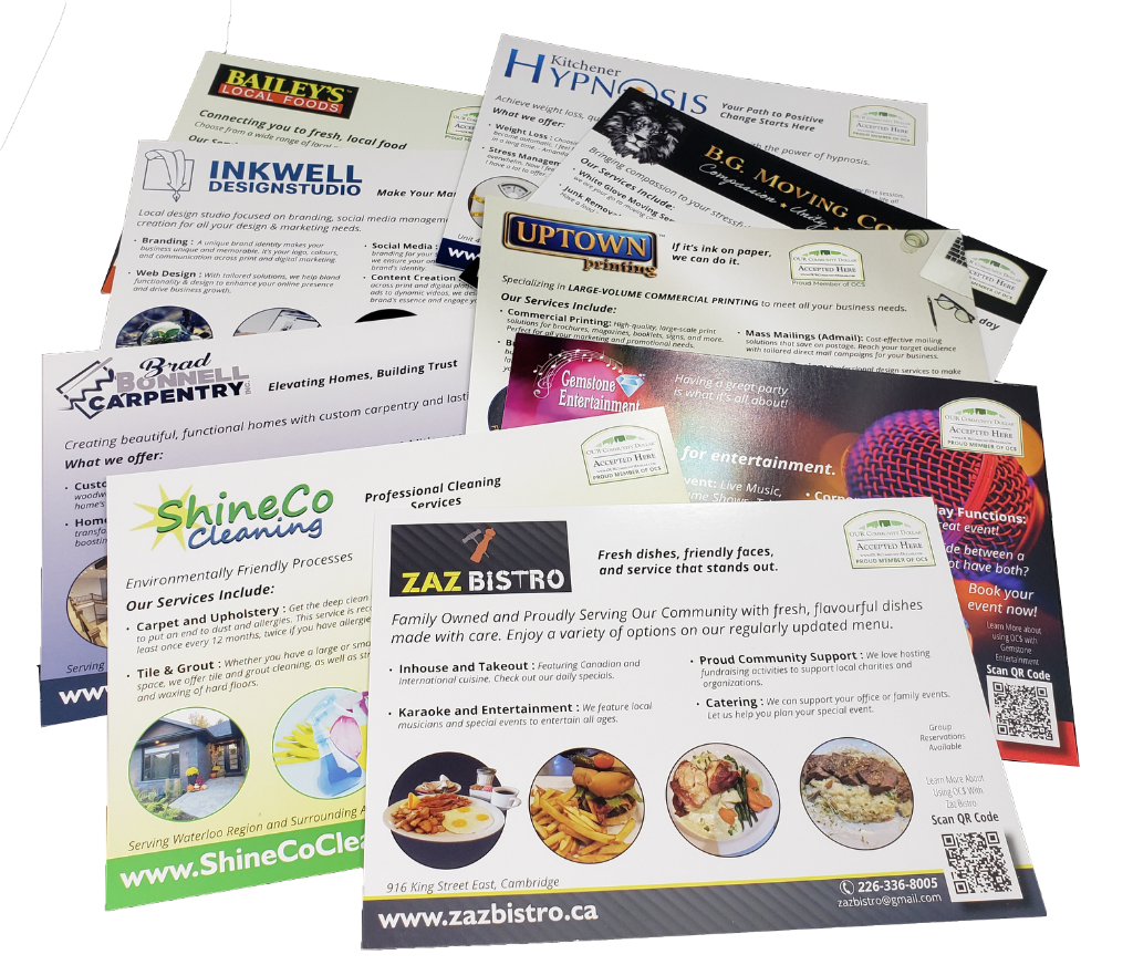 Real OC$ BrandShare™ Cards from member businesses — Bailey's Local Foods, Zaz Bistro, ShineCo Cleaning, Uptown Printing, Gemstone Entertainment and more